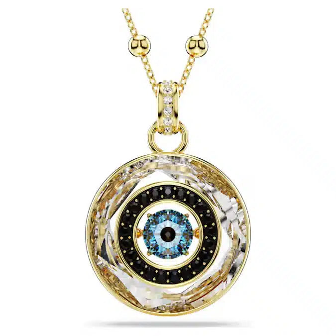 Swarovski Symbolica Evil Eye Pendant in medium size with multicoloured stones and gold-tone plating, showcasing intricate jewelry design.