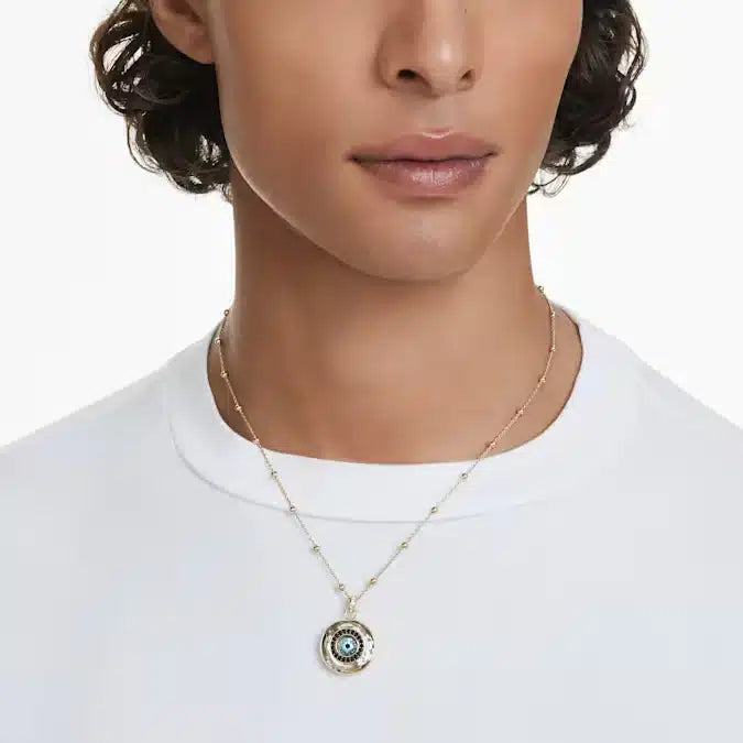 Swarovski Symbolica Pendant Evil Eye in medium size with multicoloured stones and gold-tone plating, hanging from a delicate chain.