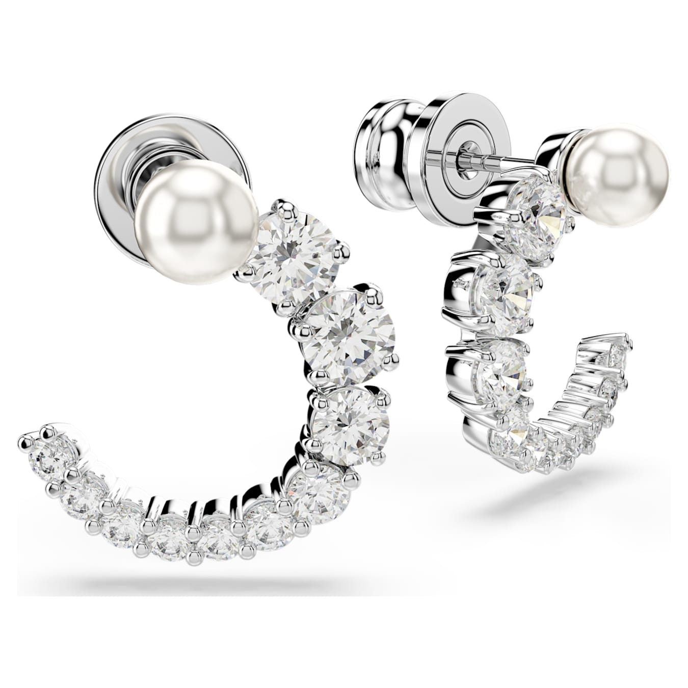 Swarovski Matrix hoop earrings with white crystal pearls, round cut crystals, rhodium plating, and elegant design.