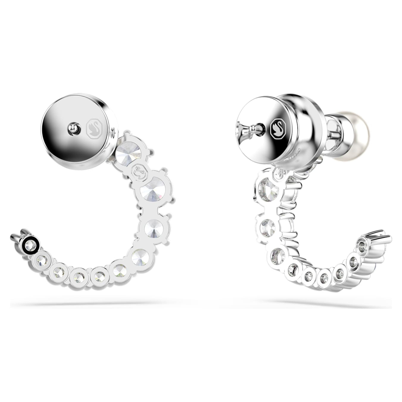 Swarovski Matrix hoop earrings with crystal pearls, round cut white stones, rhodium plated, elegant jewelry for women