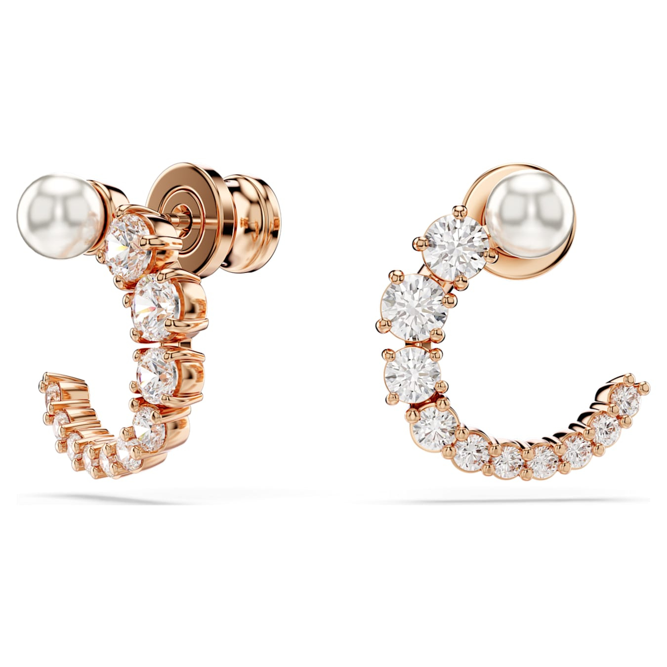 Swarovski Matrix hoop earrings with crystal pearl, round cut, white stones, rose gold-tone plated, elegant jewelry accessory