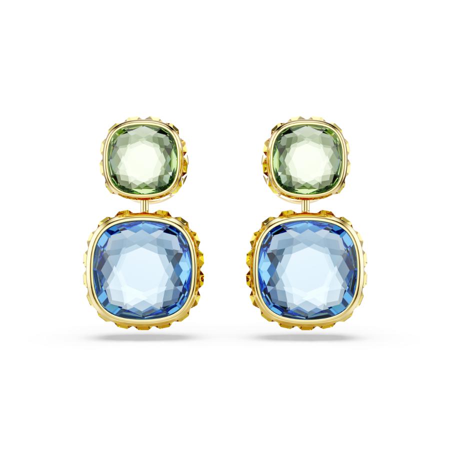Swarovski Chroma Drop Earrings with multicolored cushion-cut crystals and gold-tone plating, elegant jewelry accessory.