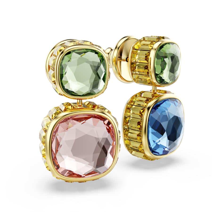 Swarovski Chroma Drop Earrings with cushion-cut multicolored crystals and gold-tone plating on a white background.