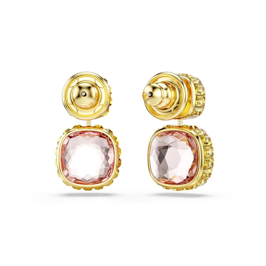 Swarovski Chroma Drop Earrings with cushion-cut multicolored crystals and gold-tone plating, elegant jewelry accessory.