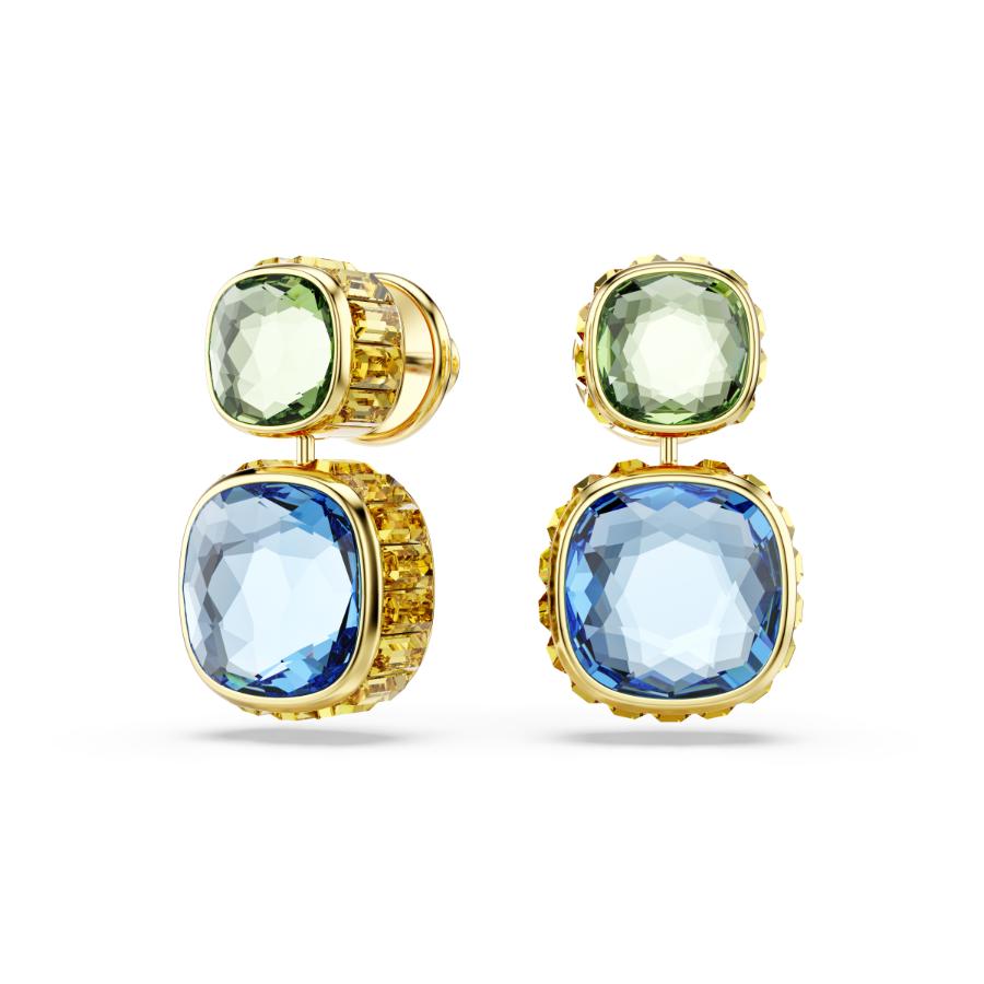 Swarovski Chroma Drop Earrings with cushion-cut multicolored stones and gold-tone plating, elegant and vibrant jewelry accessory.