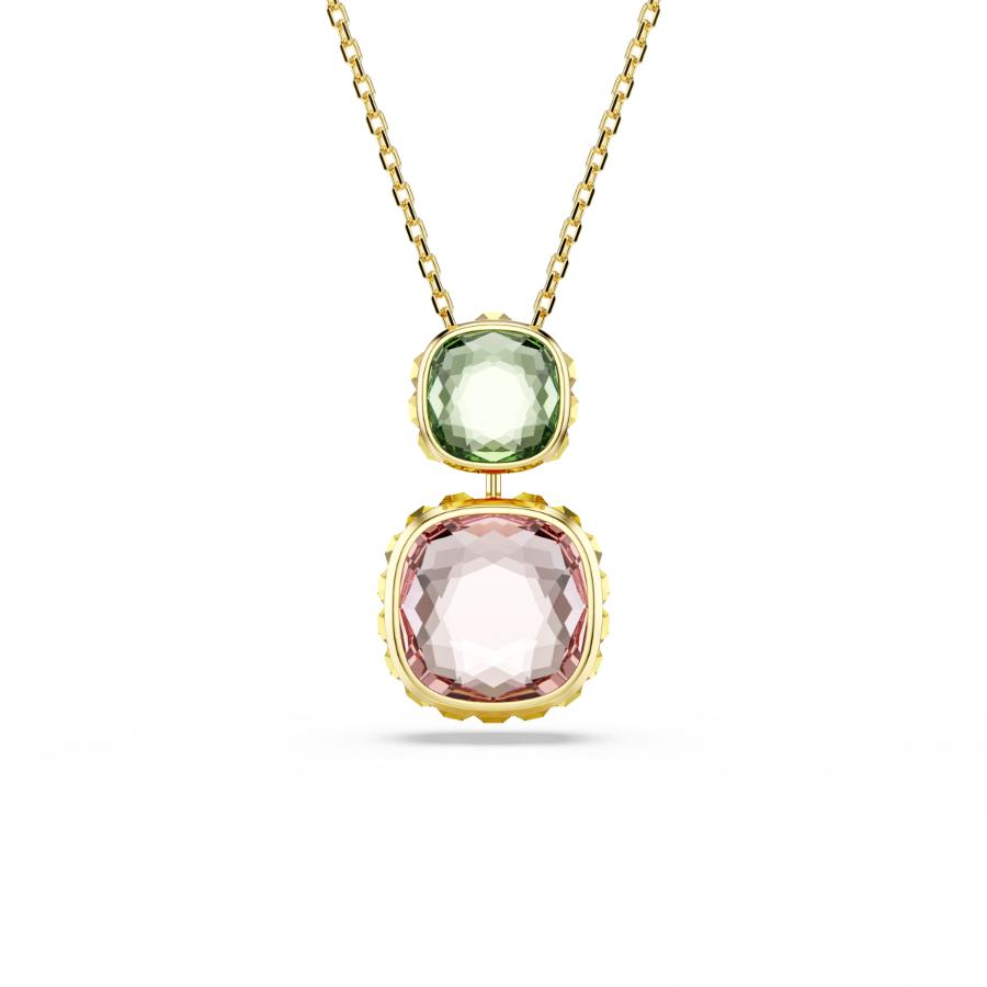 Swarovski Chroma pendant with cushion cut multicolored crystal in gold-tone plated setting, elegant jewelry accessory.