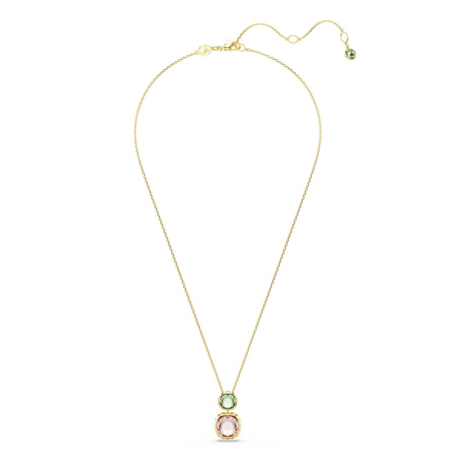 Swarovski Chroma pendant with cushion cut multicolored crystal, gold-tone plated jewelry piece on a chain.