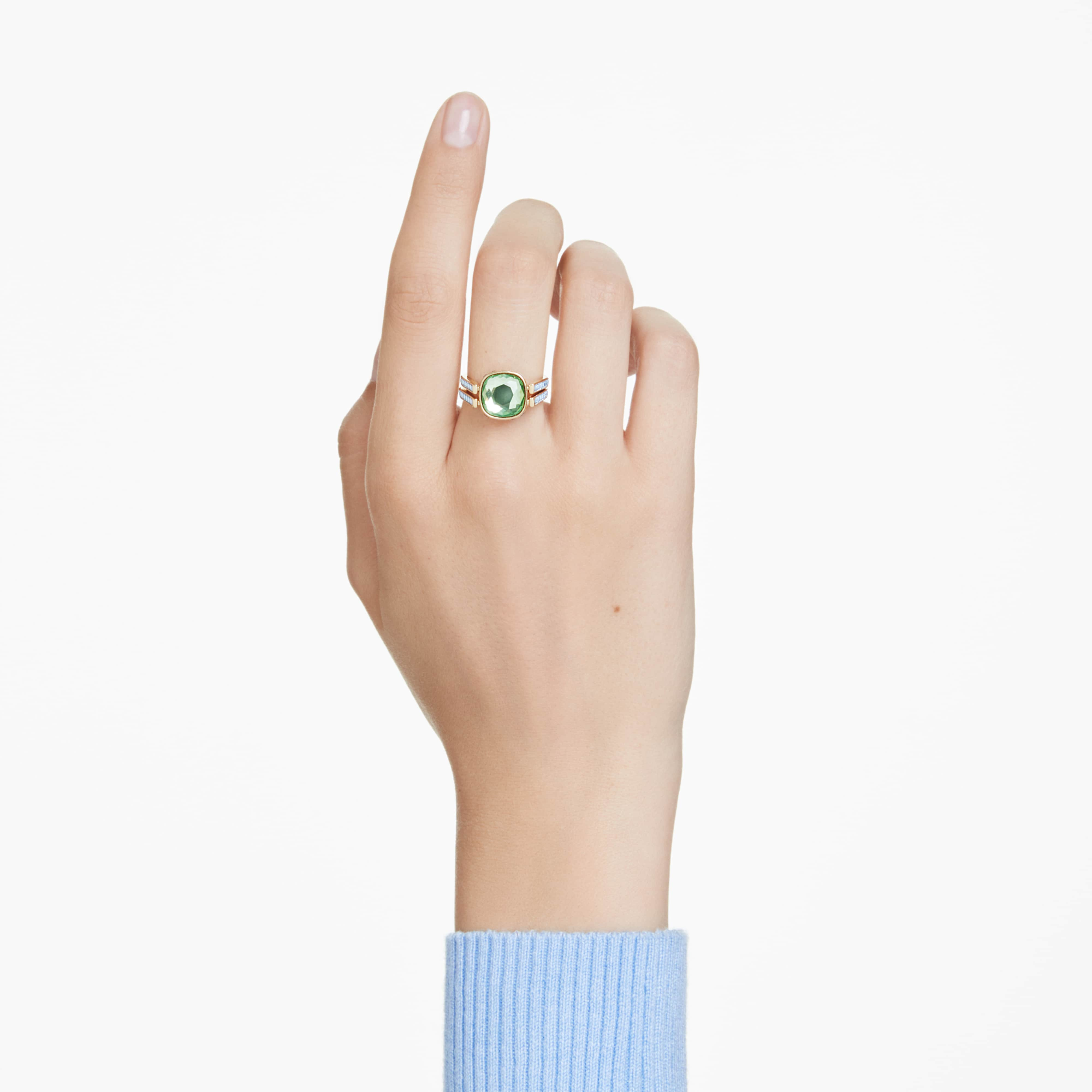 Swarovski Chroma ring with cushion cut multicolored crystals and gold-tone plating, showcasing vibrant, sparkling gemstone design.