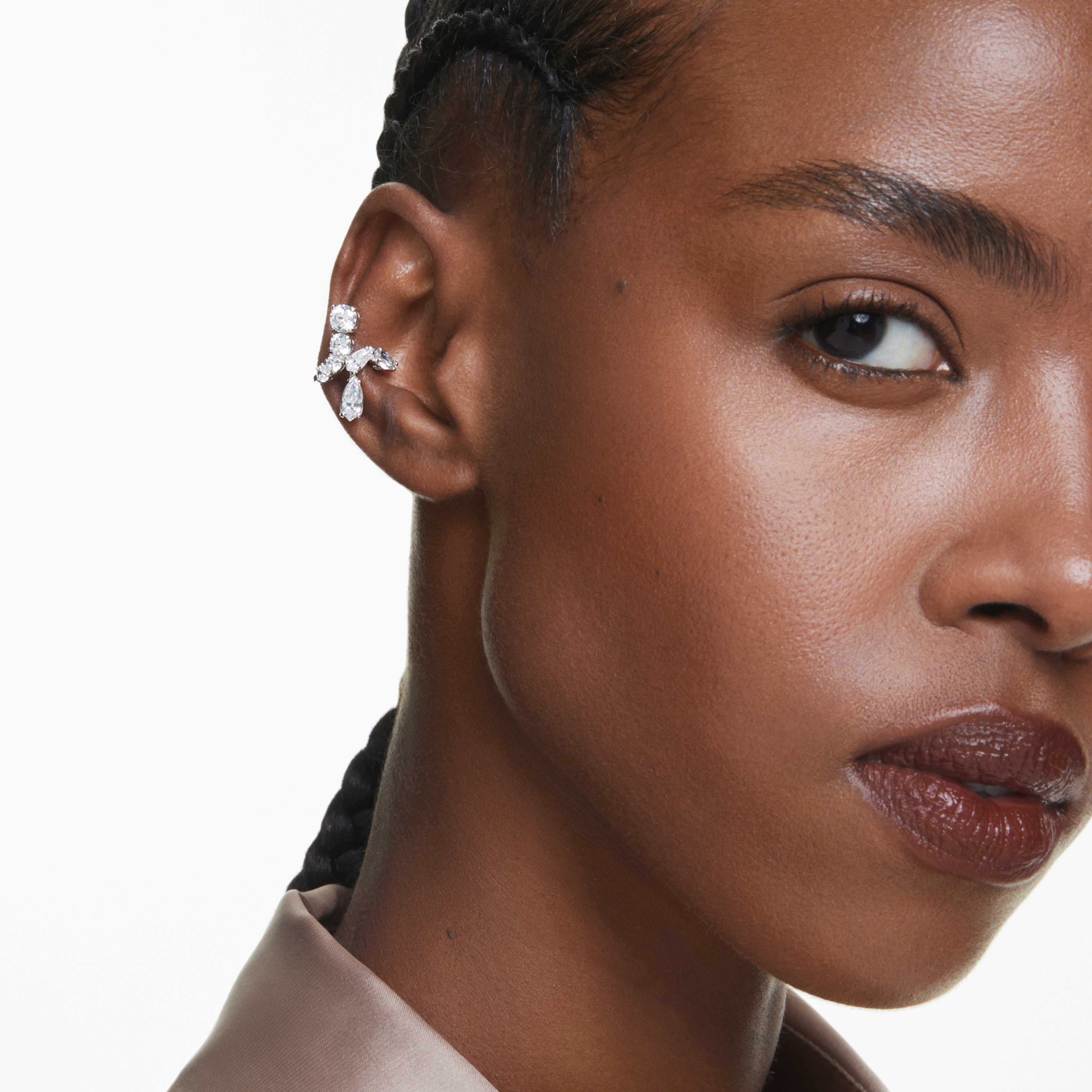 Swarovski Matrix clip earrings with mixed cuts in white crystal, rhodium plated, showcasing sparkling geometric design