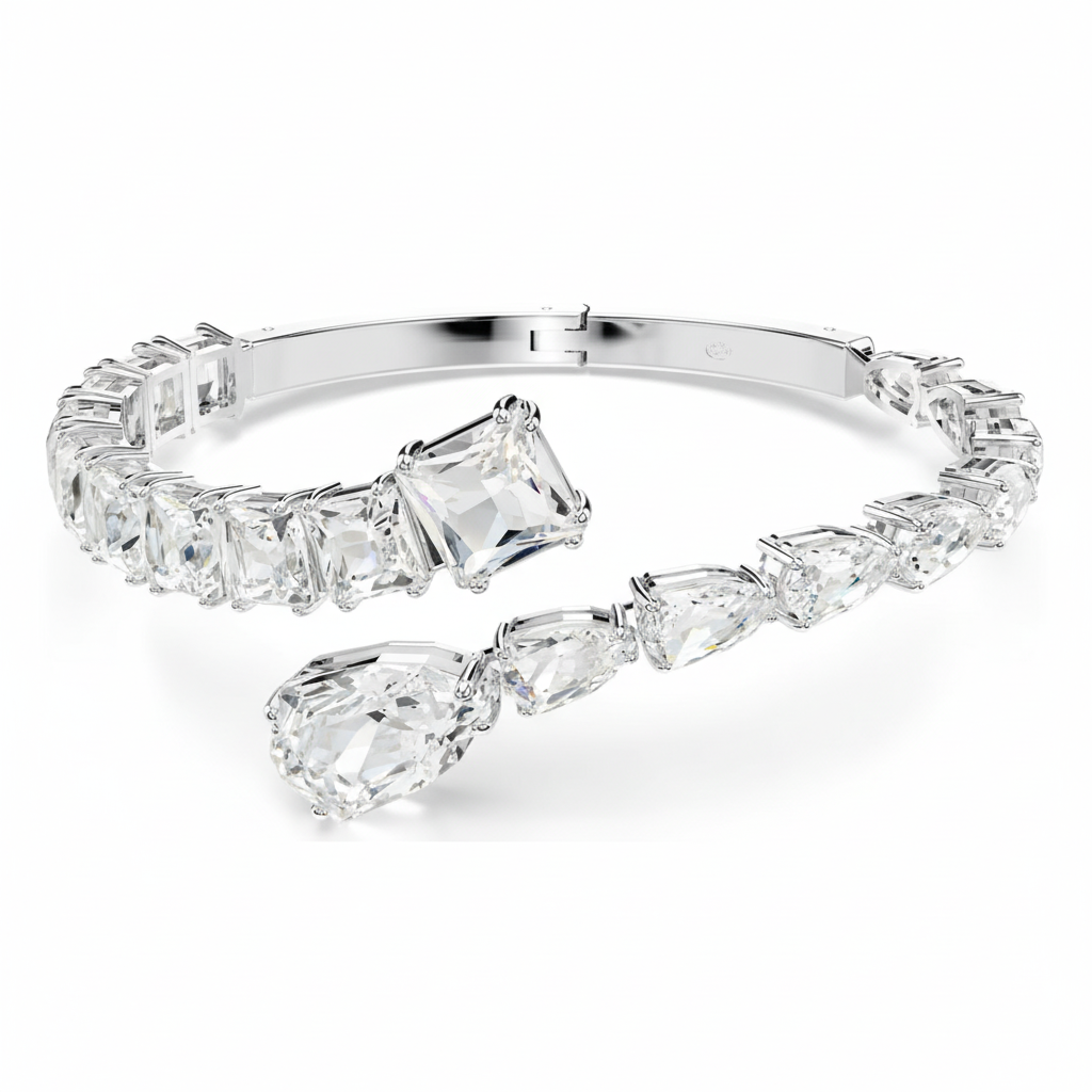 Swarovski Matrix cuff bracelet with mixed cut white crystals and rhodium plating, showcasing a modern, elegant jewelry piece.