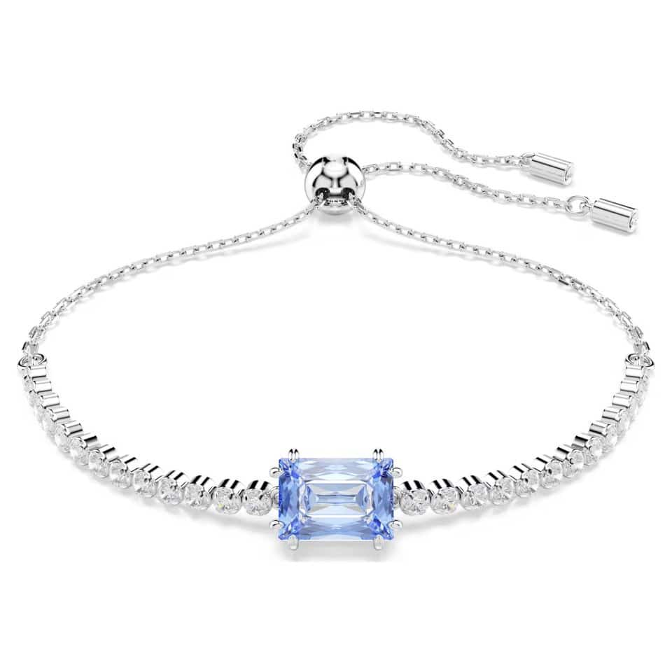 Swarovski Matrix tennis bracelet with mixed cut blue crystals, rhodium-plated, elegant jewelry accessory.
