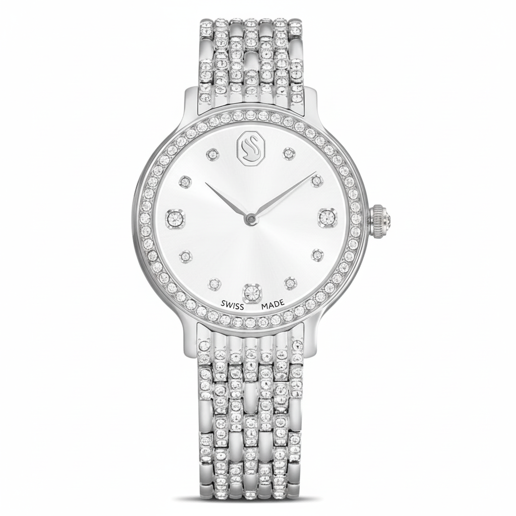 Swarovski Imber Swiss Made watch with silver tone stainless steel metal bracelet and minimalist dial display.