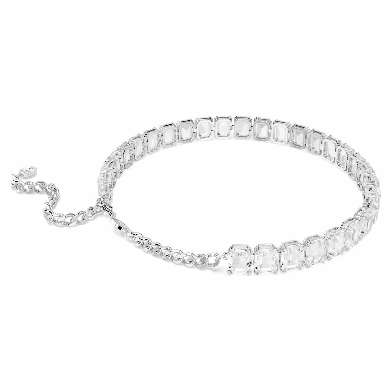 Swarovski Millenia crew neck jewelry with white octagonal cut crystals and rhodium plating, close-up of the elegant design