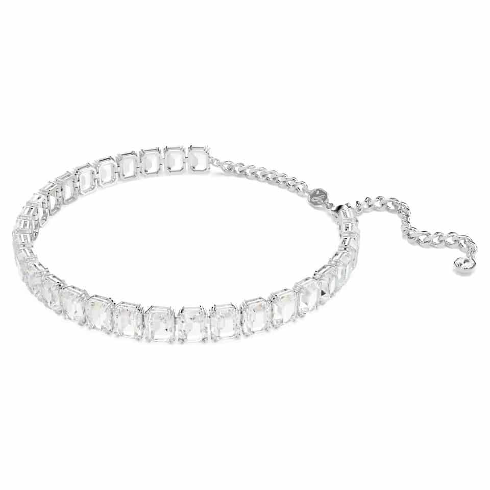 Swarovski Millenia white crew neck necklace with octagonal cut crystals and rhodium plating, elegant jewelry accessory.