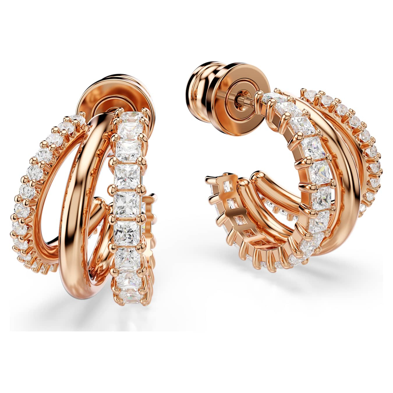 Swarovski Hyperbola mini hoop earrings with mixed cuts in white crystal, rose gold-tone plated, elegant jewelry accessory.