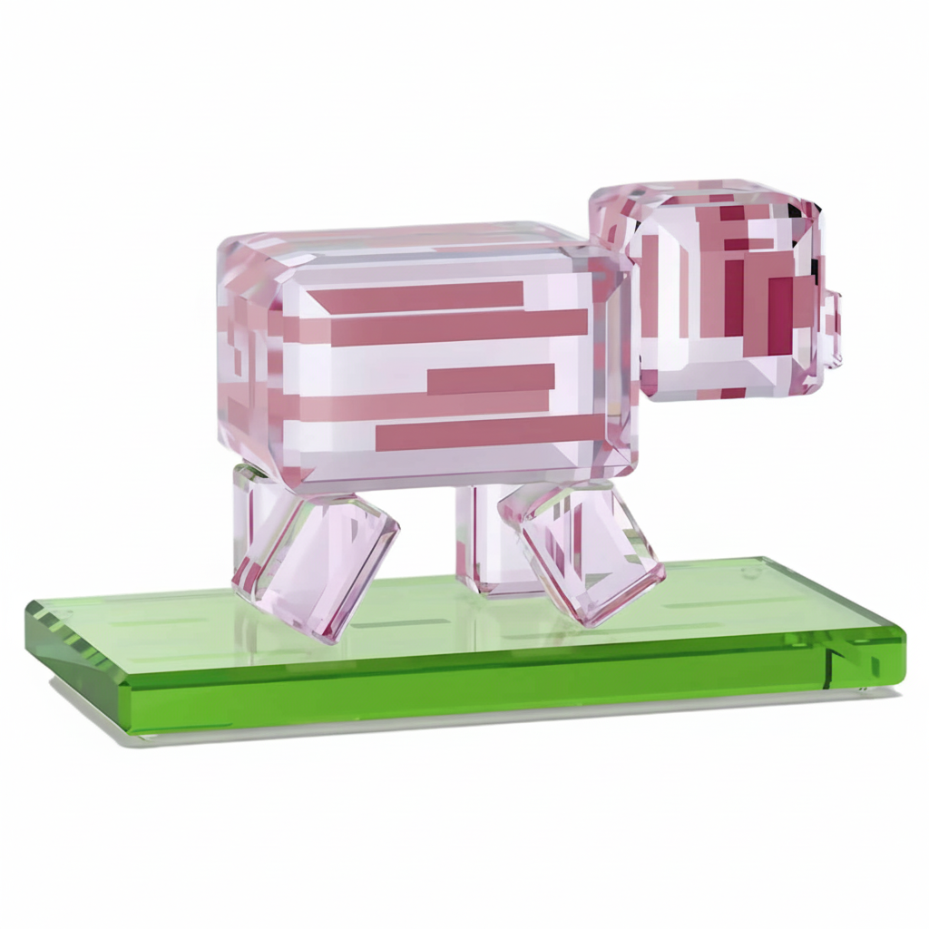Swarovski Minecraft Pig crystal figurine with pink accents, detailed craftsmanship, and sparkling facets on a clear display base.