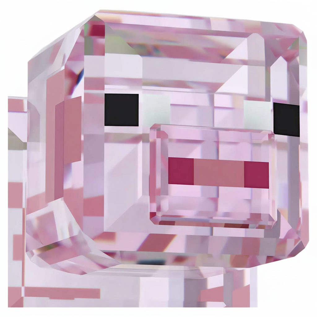Swarovski Minecraft Pig crystal figurine with pink and white details, showcasing detailed craftsmanship and sparkling facets.