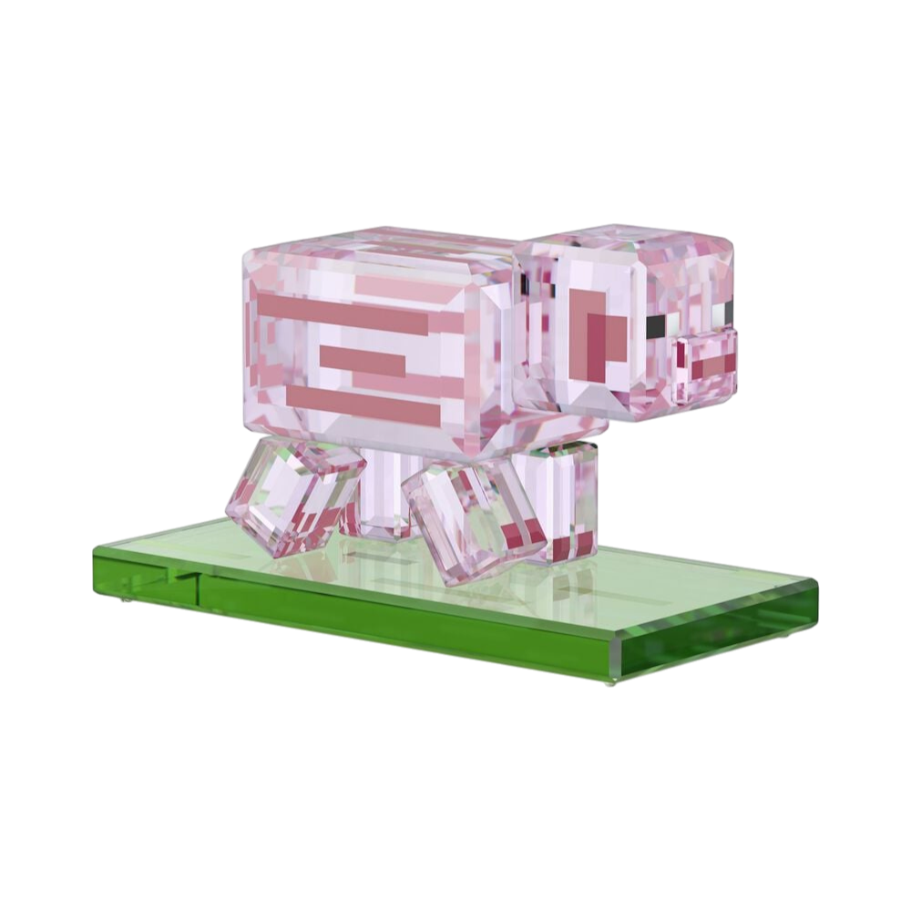 Swarovski Minecraft Pig crystal figurine with detailed pink and silver accents, showcasing craftsmanship and vibrant design.