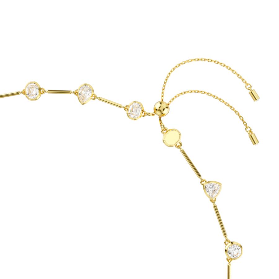 Swarovski Imber Tennis Necklace with mixed-cut white crystals, gold-tone plated, elegant jewelry piece on a display stand.