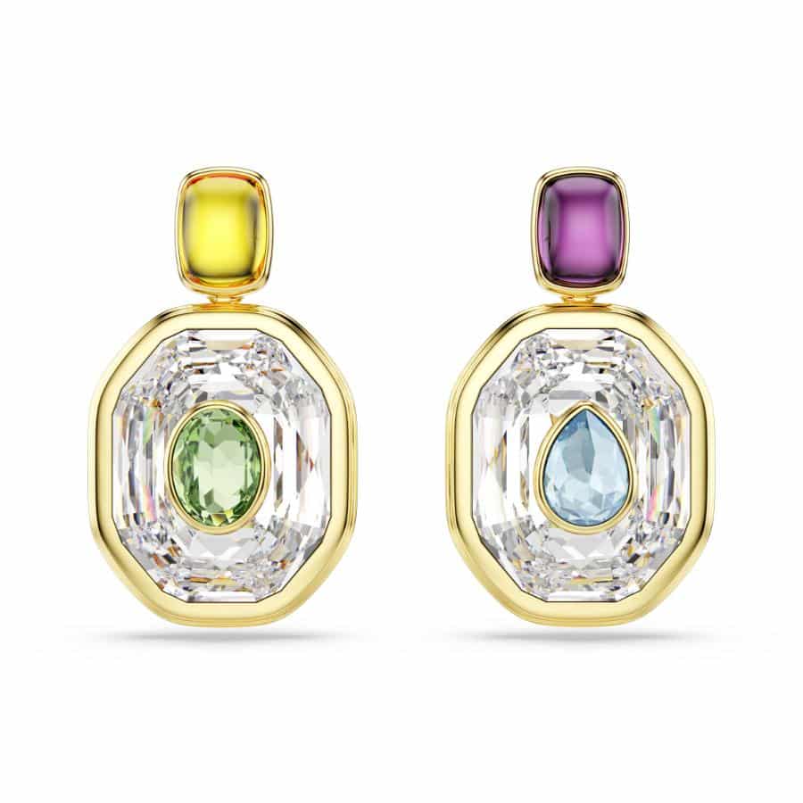 Swarovski Chroma Drop Earrings with asymmetrical octagon-shaped multicolored crystals and gold-tone plating.