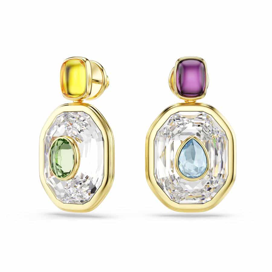 Swarovski Chroma Drop Earrings with asymmetrical octagon-shaped multicolored crystals and gold-tone plating.