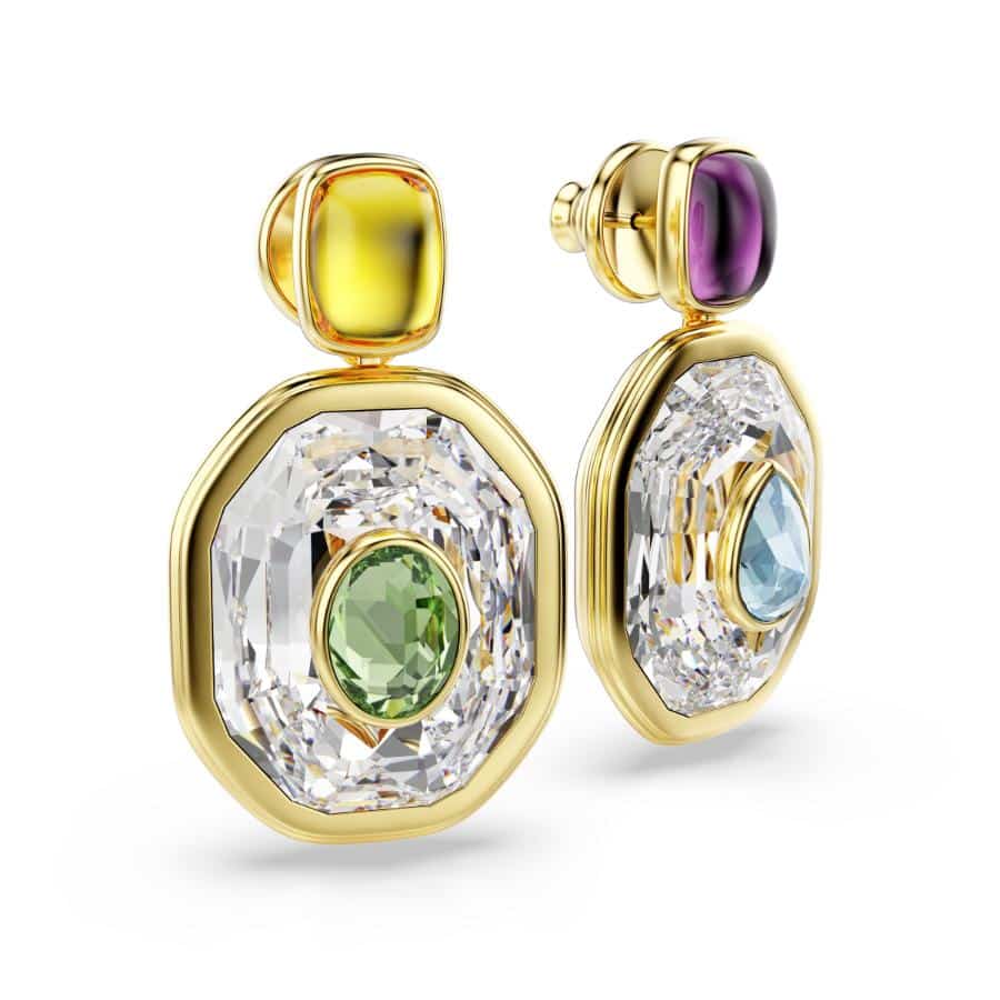 Swarovski Chroma Drop Earrings with asymmetrical octagon cut, multicolored Swarovski crystals, gold-tone plated jewelry.