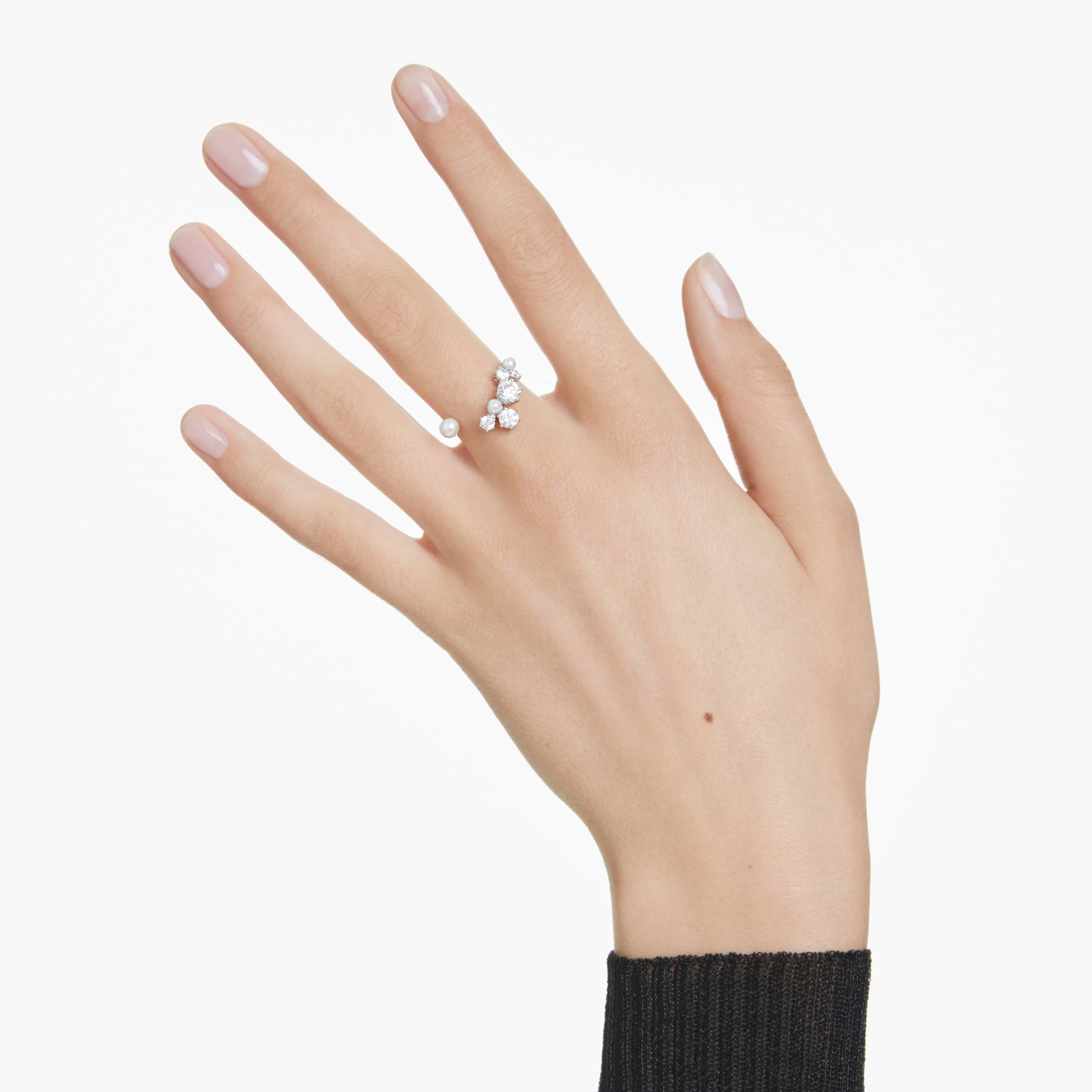 Swarovski Constella open ring with white crystal pearl, round cuts, rhodium plated jewelry accessory.