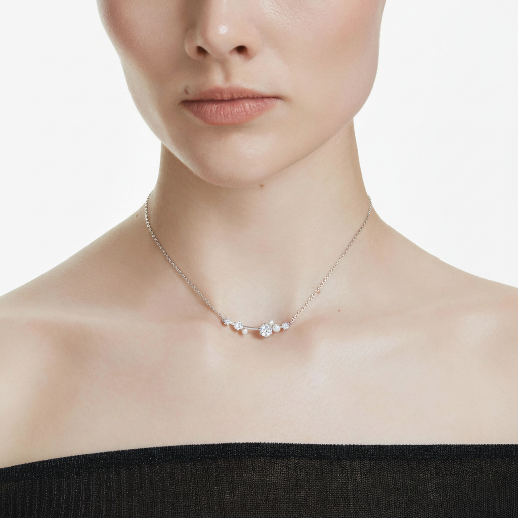 Swarovski Constella necklace with crystal pearls, round cut white stones, rhodium plated, elegant jewelry accessory