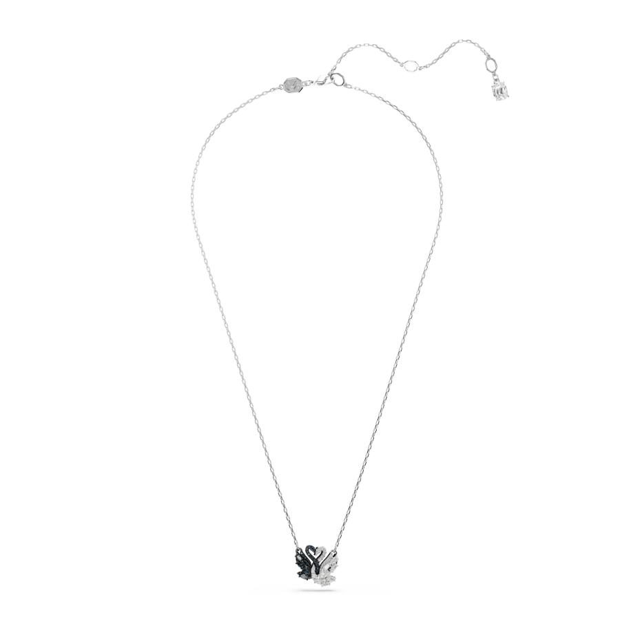 Black Swarovski Swan pendant with rhodium plating, featuring a detailed swan design and elegant jewelry craftsmanship.