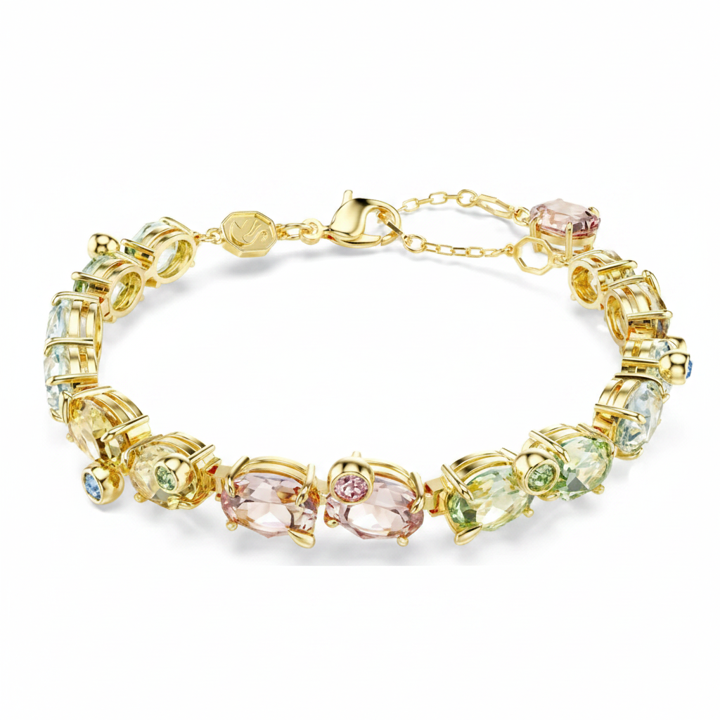 Swarovski Gema tennis bracelet with multicolored mixed-cut crystals and gold-tone plating, elegant jewelry for special occasions