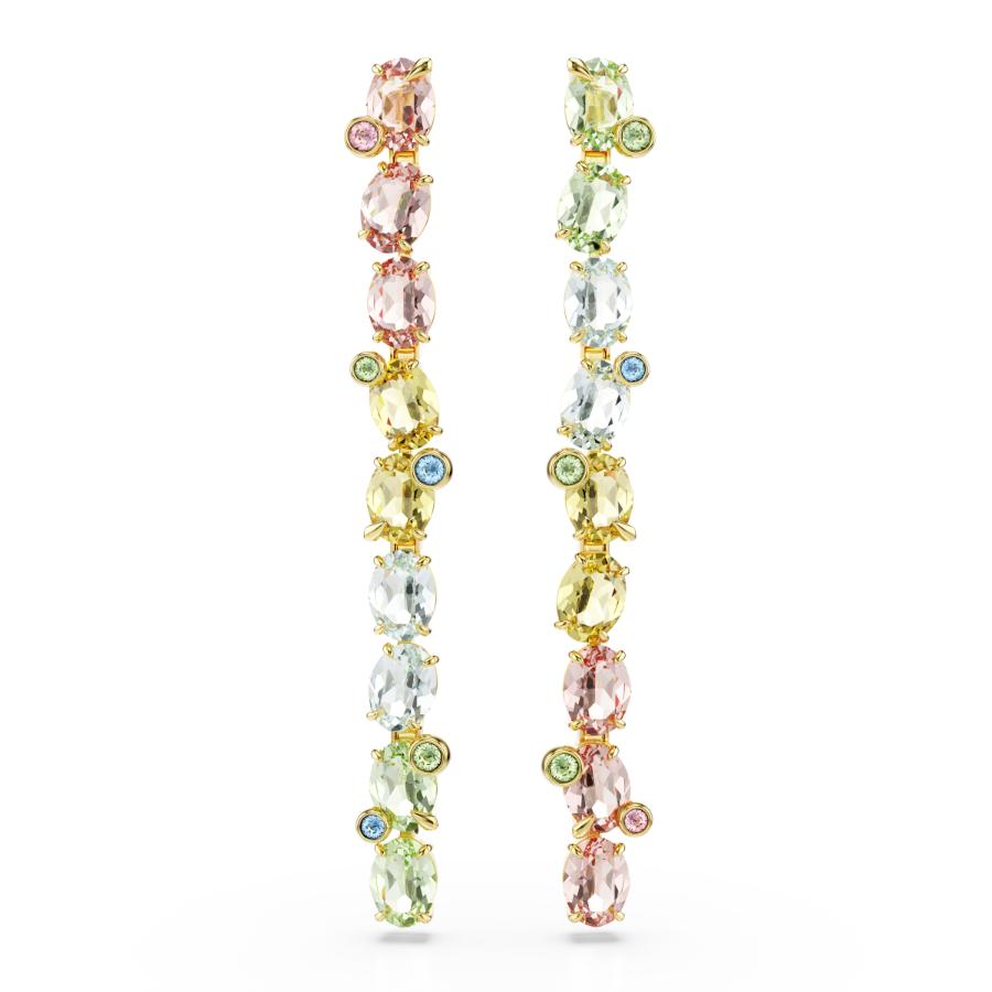 Swarovski Gema Drop earrings with asymmetrical design, multicolored Swarovski crystals, gold-tone plating, mixed cuts, elegant jewelry