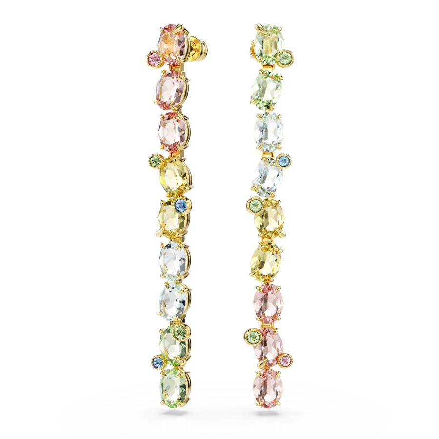 Swarovski Gema Drop earrings with asymmetrical design, multicolored Swarovski crystals, gold-tone plating, and mixed cuts.