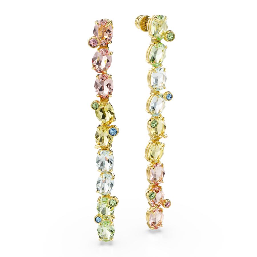 Swarovski Gema Drop earrings with asymmetrical design, multicolored crystals, gold-tone plating, and mixed cuts.