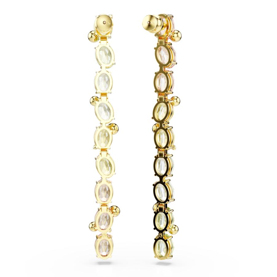 Swarovski Gema Drop earrings with asymmetrical design, mixed colorful crystal cuts, and gold-tone plating on a white background.