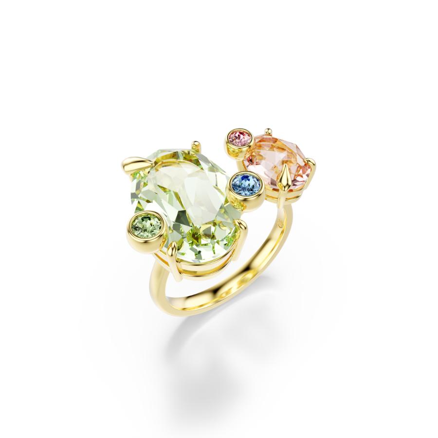 Swarovski Gema ring set with three multicolored, mixed cut gemstones in gold-tone plated design, elegant jewelry for women.
