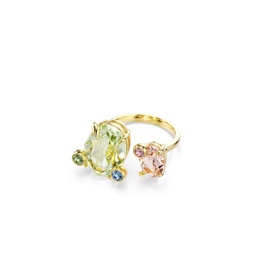 Swarovski Gema ring set with three multicolored, mixed-cut crystals in gold-tone plated settings, elegant jewelry for women.
