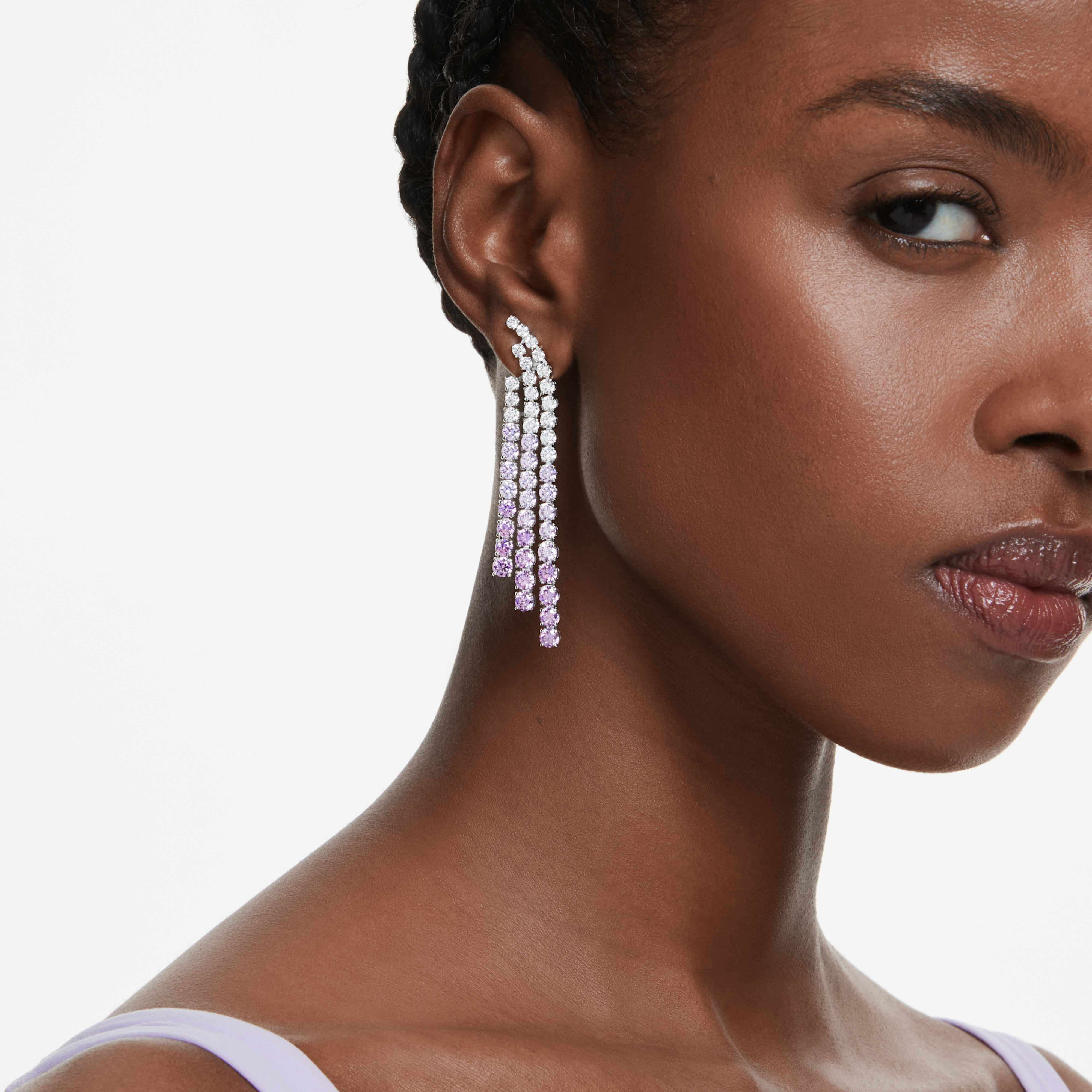 Swarovski Matrix clip earrings with purple color gradient, round cut crystals, rhodium plating, and sleek modern design.