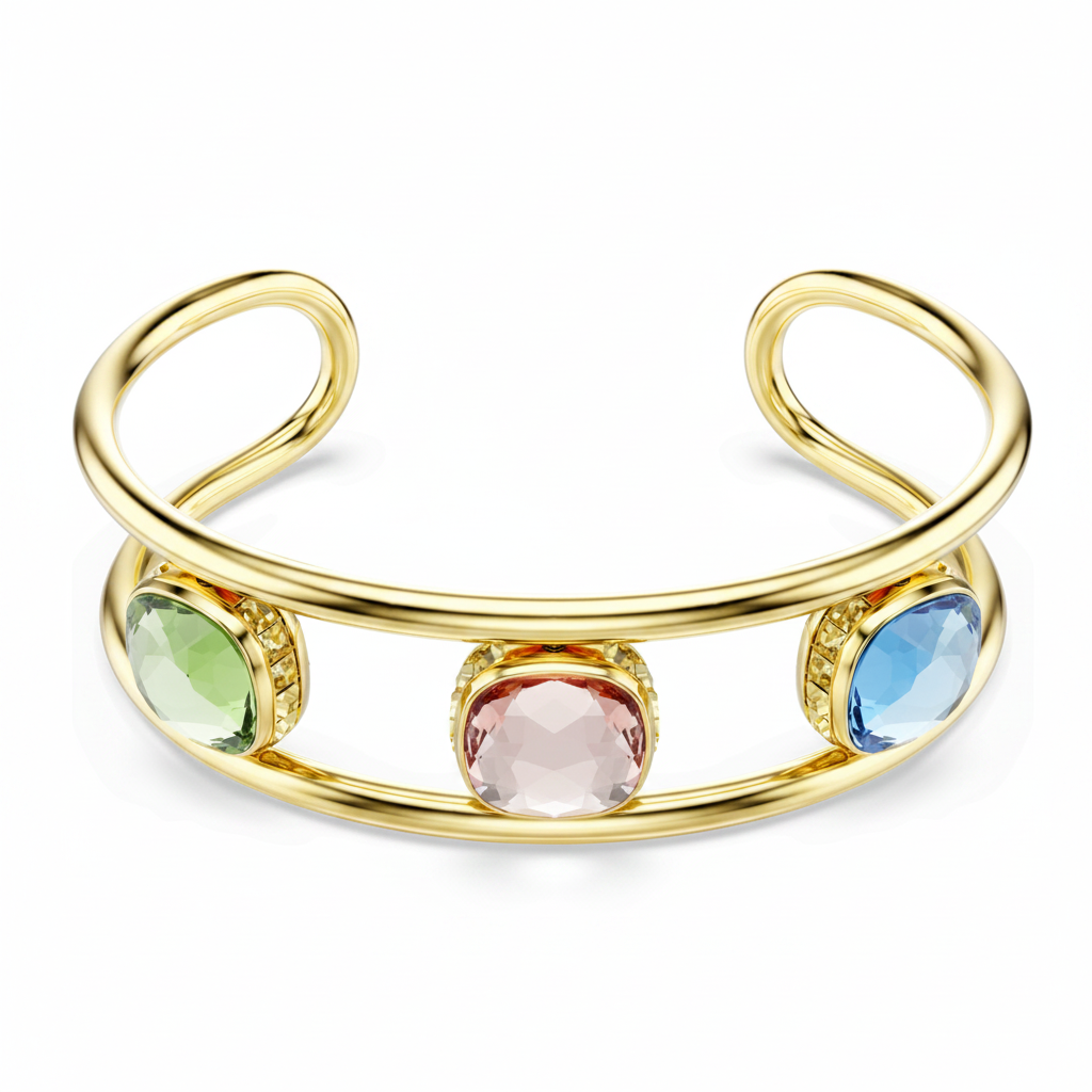 Swarovski Chroma Cuff bracelet with colorful crystal accents and sleek silver-tone design, showcasing elegant jewelry craftsmanship.