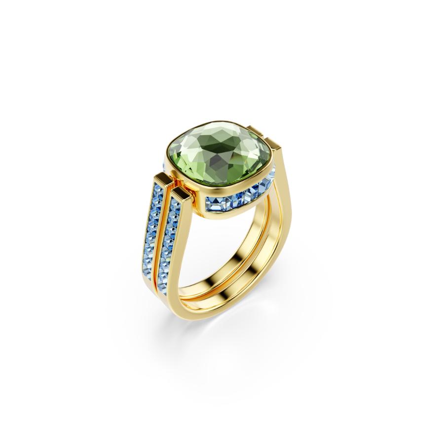 Swarovski Chroma ring with multicolored cushion cut crystals and gold-tone plating, elegant jewelry accessory.