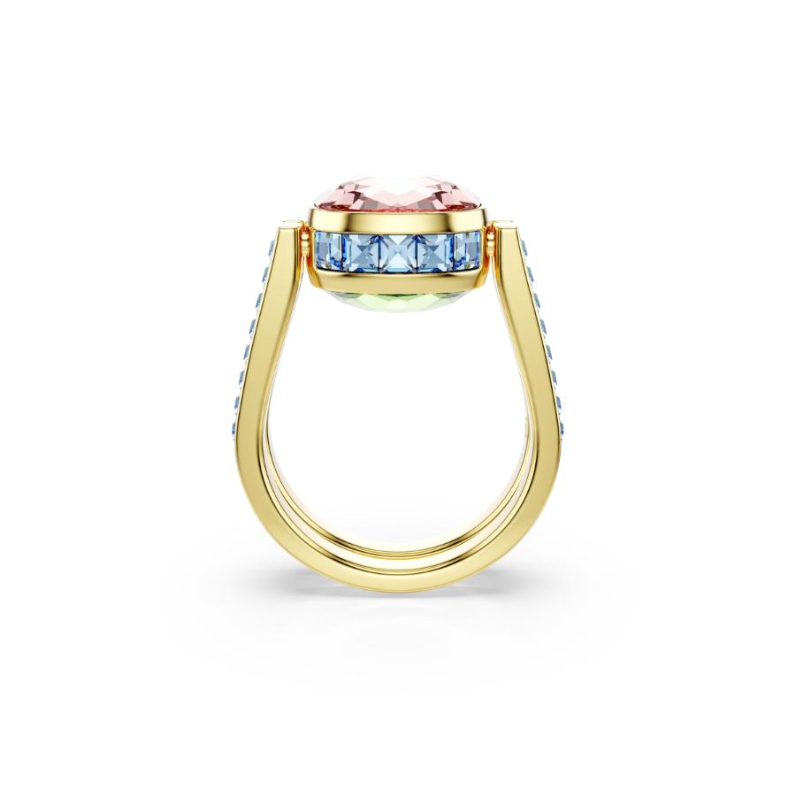 Swarovski Chroma ring with cushion-cut multicolored crystals and gold-tone plating, showcasing vibrant gemstone design.