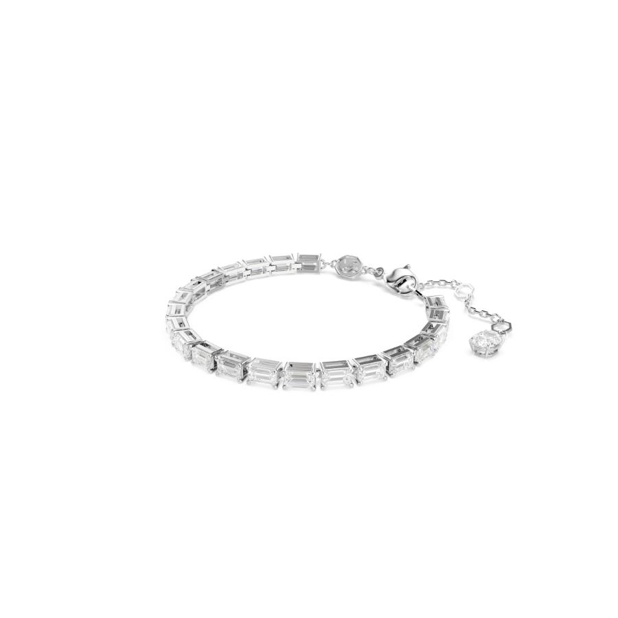 Swarovski Matrix tennis bracelet with baguette-cut white crystals and rhodium plating, elegant jewelry accessory.