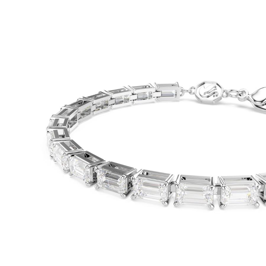 Swarovski Matrix tennis bracelet with baguette cut white crystals and rhodium plating, elegant jewelry accessory.
