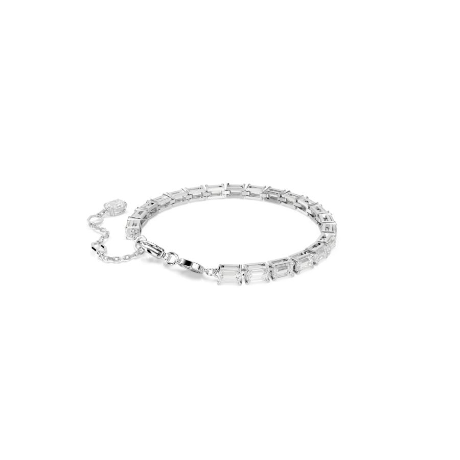Swarovski Matrix tennis bracelet with baguette-cut white crystals and rhodium plating, elegant jewelry accessory.