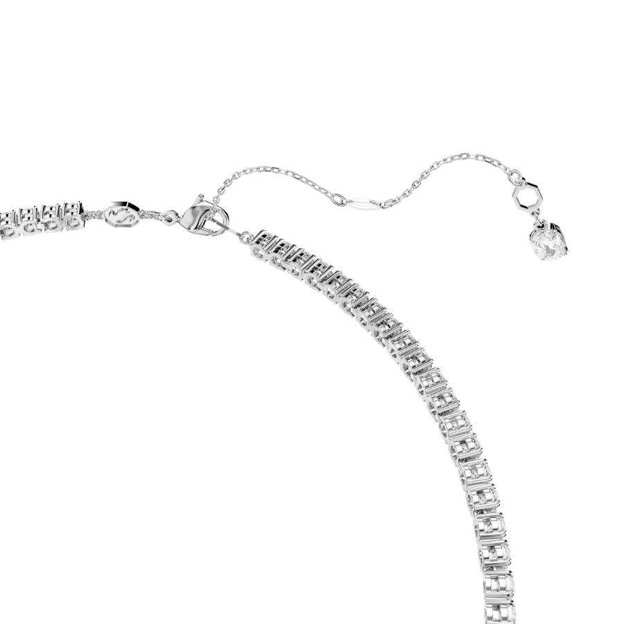 Swarovski Matrix Y necklace with round-cut white crystals and rhodium plating, featuring a modern, elegant jewelry design.