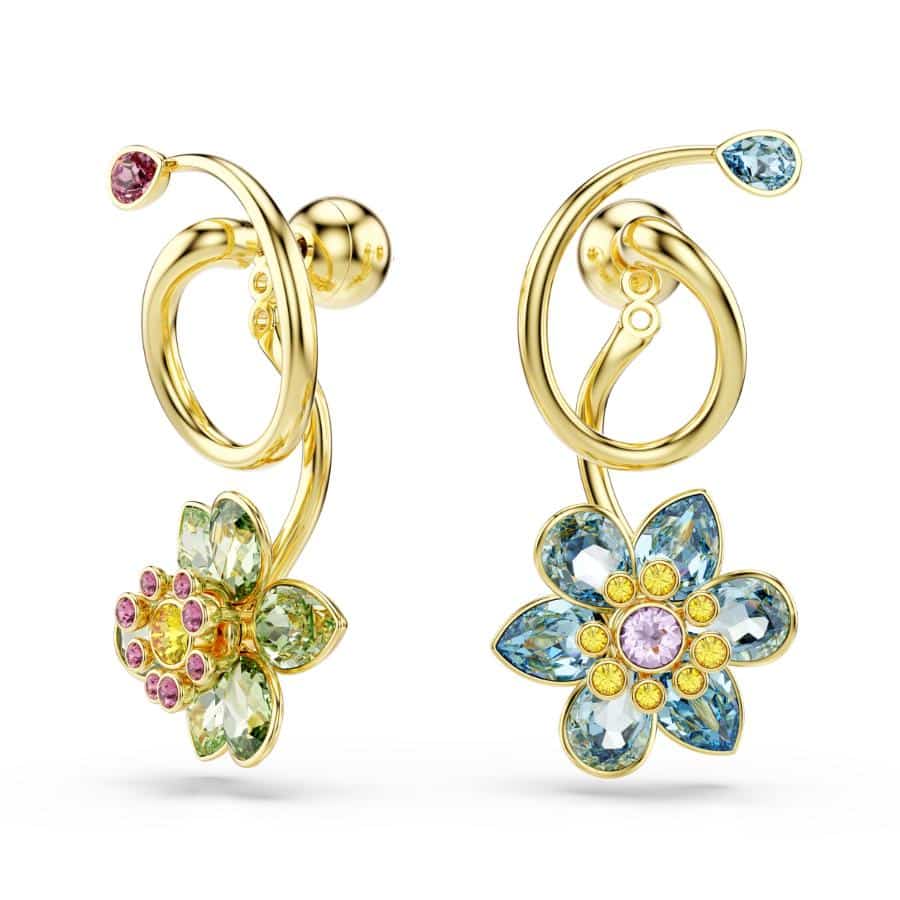 Swarovski Idyllia Drop Earrings with asymmetrical flower design, multicolored crystals, gold-tone plating, and mixed cuts.