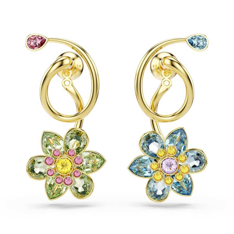Swarovski Idyllia drop earrings with asymmetrical flower design, multicolored crystals, gold-tone plating, and mixed cuts.