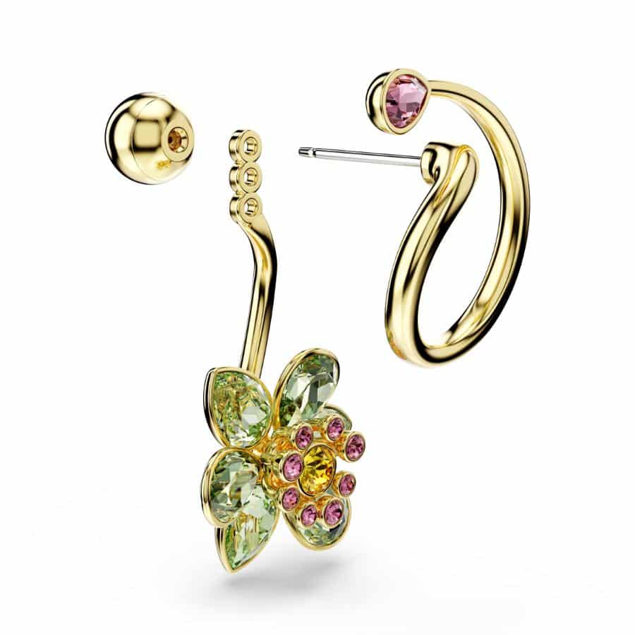 Swarovski Idyllia Drop Earrings with asymmetrical flower design, multicolored crystals, gold-tone plating, and mixed cuts.