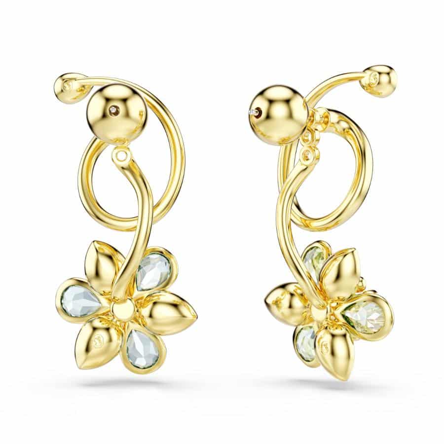 Swarovski Idyllia drop earrings with asymmetrical flower design, multicolored crystal cuts, gold-tone plating, and elegant sparkle.