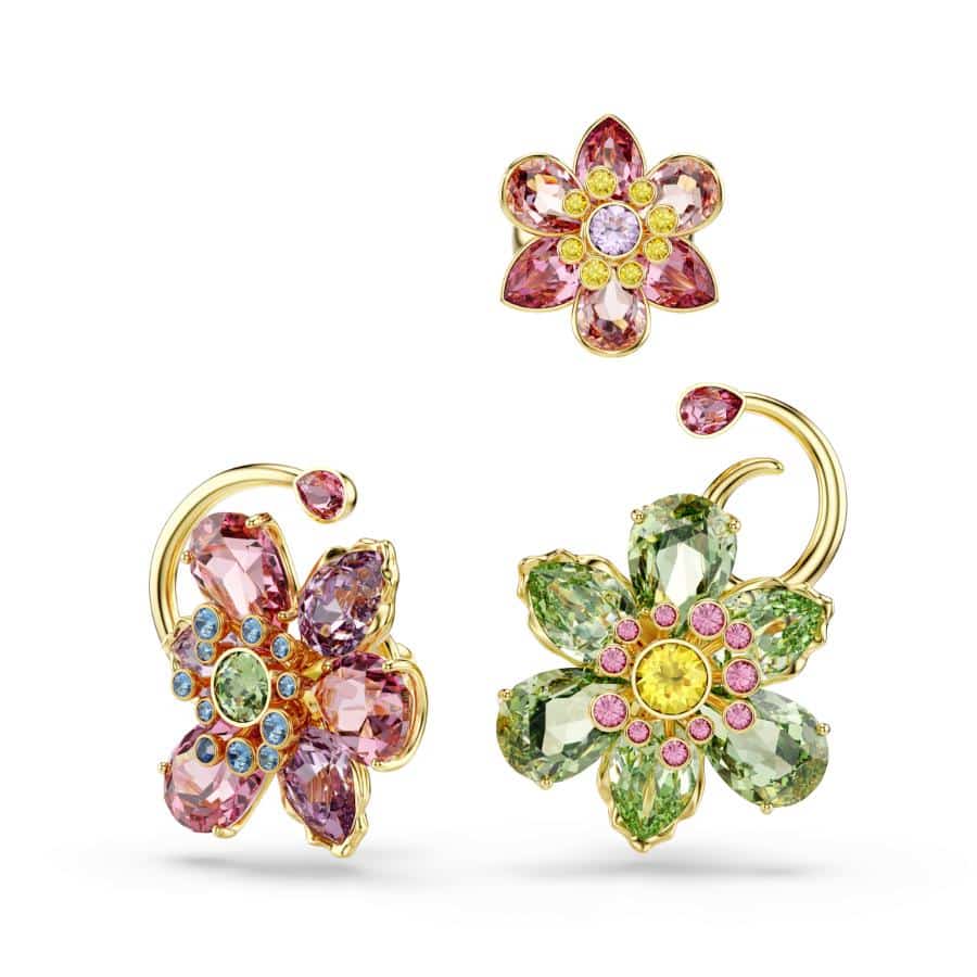 Swarovski Idyllia ear cuff set with three asymmetrical gold-tone flower designs, multicolored crystals, mixed cuts for a stylish look.