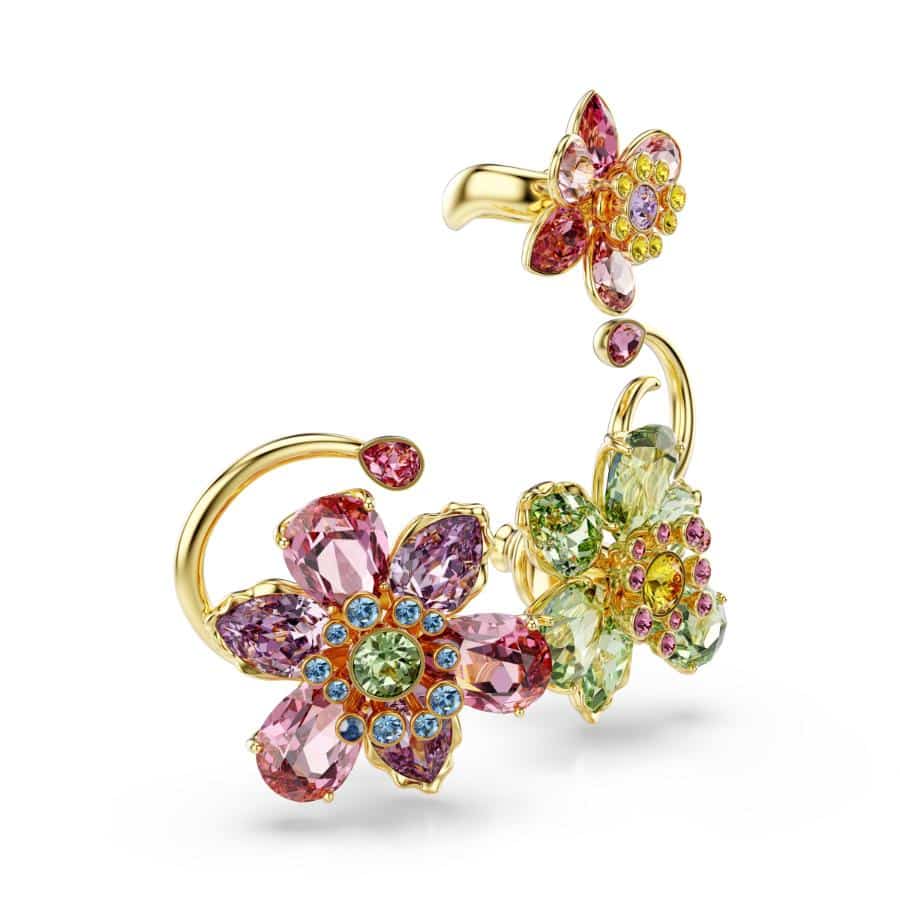 Swarovski Idyllia ear cuff set with three asymmetrical flower-shaped ear cuffs featuring multicolored mixed cuts and gold-tone plating.